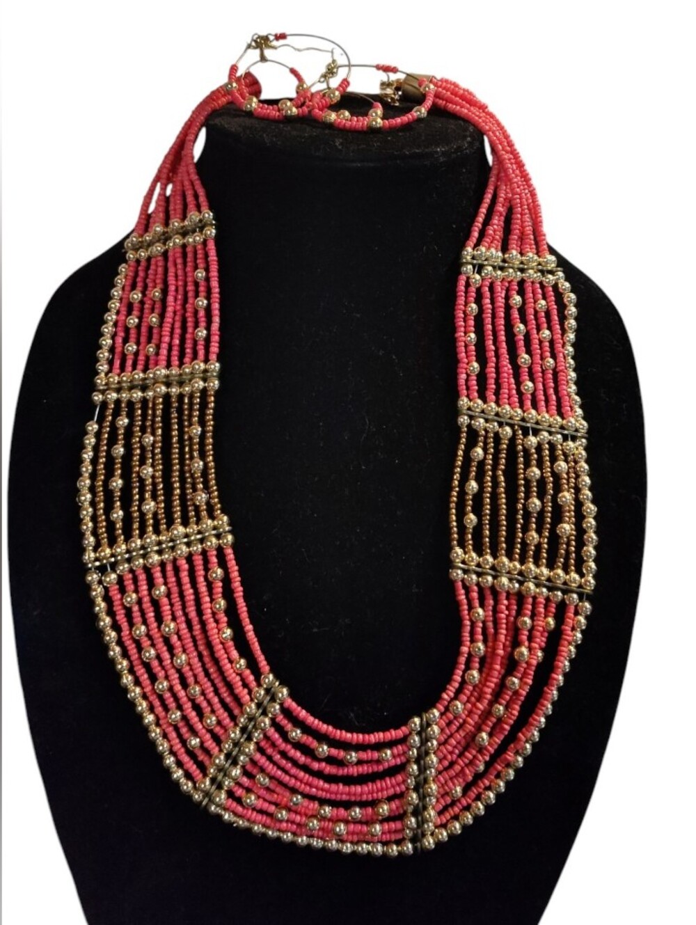 Hush Coral Beaded Multi-Strand Necklace & Earrings with Gold Accents